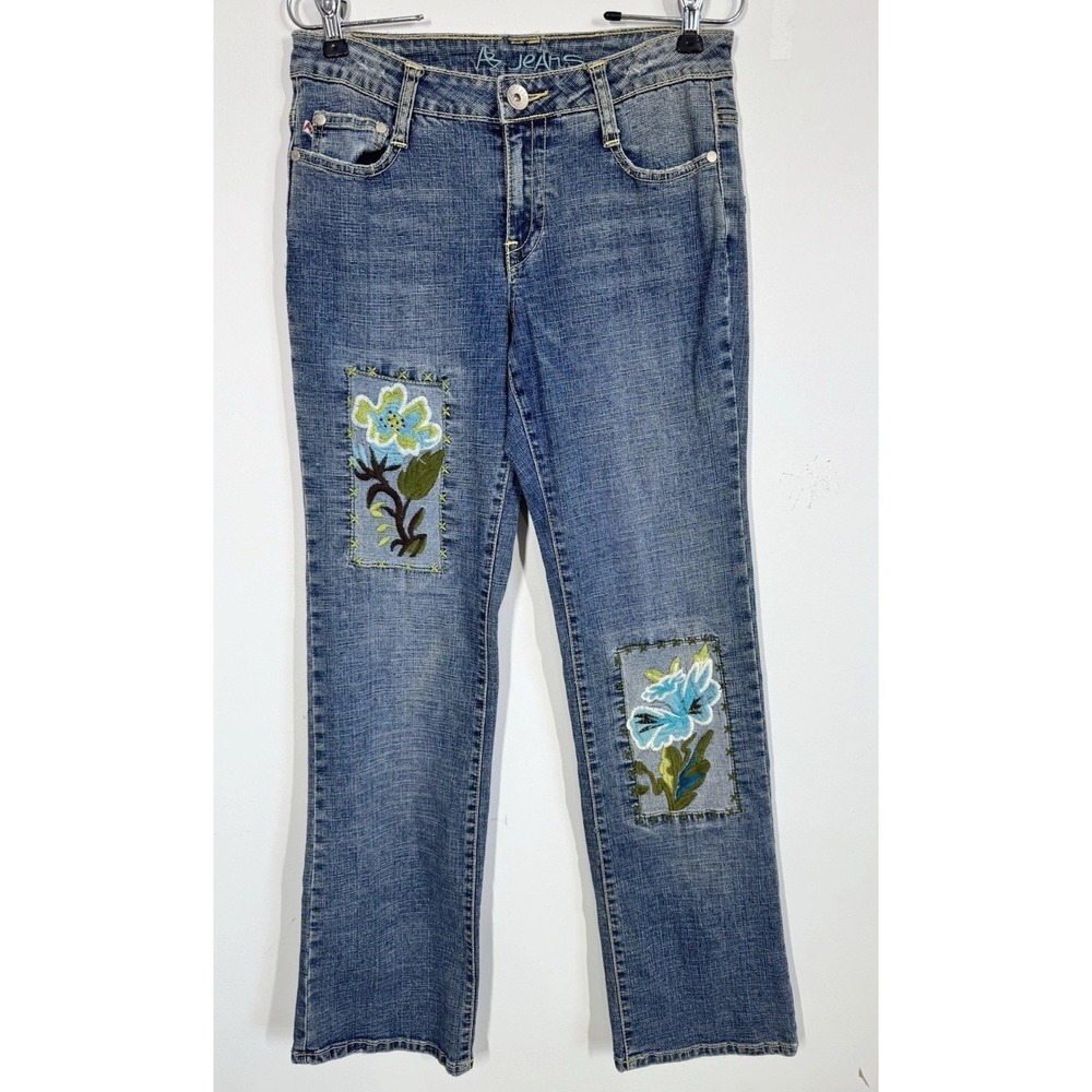 VTG AB Womens‎ Low Rise Med Wash Straight Leg Jeans Sz 4 Embroidered Stretch Y2K